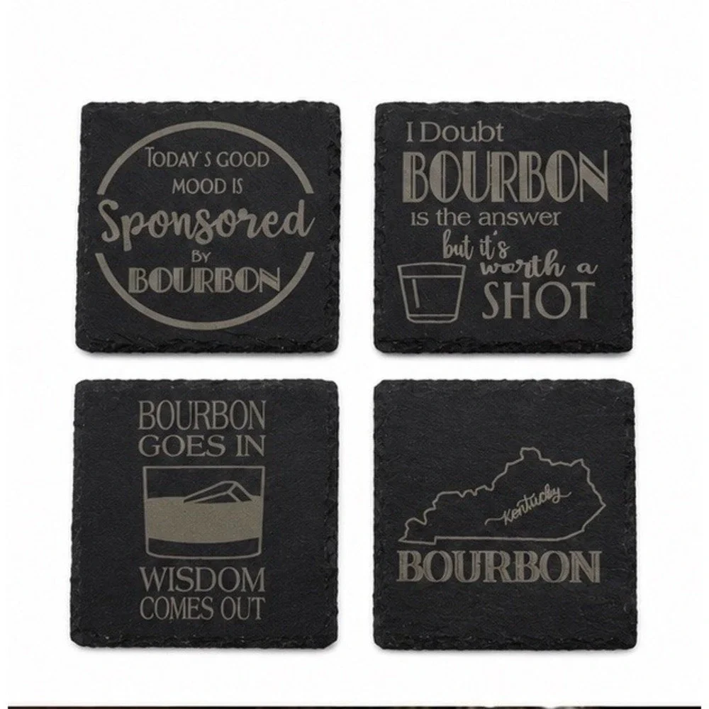 Set of 4 Bourbon Slate Coasters Kentucky Whiskey Bar Man Cave Drink Decor